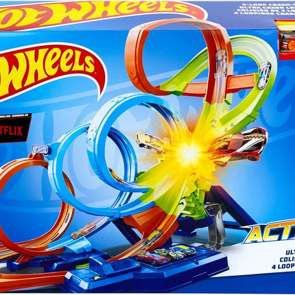 Hot Wheels Track Set with 4 Loops, 3-Way Crash Zone & Motorized Booster, Folds for Storage, With 1:64 Scale Toy Car, HXT06
