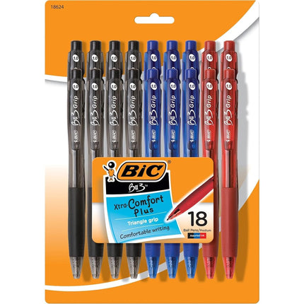 BIC Stylo bille BIC BU3 Grip, Pointe moyenne (1,0 mm), Couleurs assorties, Paquet de 18 par BIC