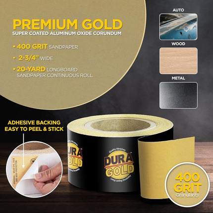 Dura-Gold Premium Gold 400 Grit PSA Longboard Sandpaper, 20 Yard Roll, 2-3/4" Wide, Self Adhesive Stickyback, Woodworking & Automotive Sandpaper Roll, Air File Sand Paper, Auto Sanding Blocks