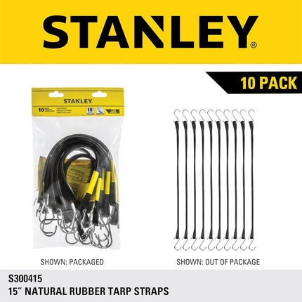 STANLEY S300415 Black 15" All-Weather Rubber Bungee Cords with S-Hooks for Securing Tarps, Flatbed Hauler and Boat Covers, Storage, and Cargo, 10 Pack
