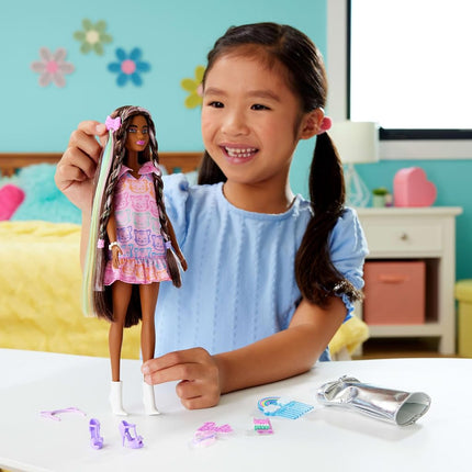 Barbie Fun & Fancy Doll & Accessories, Brunette Fashion Doll with Extra-Long Hair & 2 Looks, Including Silver Metallic Dress & Hair Extension