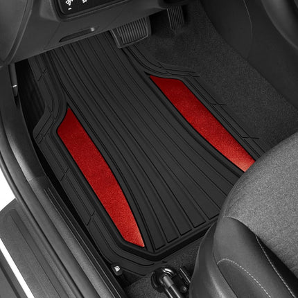 Juego completo de alfombrillas para coche Motor Trend ChromeTech - Alfombrillas de goma duraderas para coches con detalles de dos tonos, protección interior para todo tipo de clima para la parte delantera y trasera con reverso antideslizante, cromo rojo