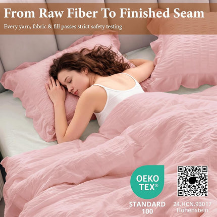 JOLLYVOGUE Seersucker Comforter Set, 3 Pieces Bed in a Bag Comforter Set, Lightweight & Fluffy Bedding Sets for All Season with 1 Ruffle Comforter and 2 Ruffle Pillowshams, King, Pink