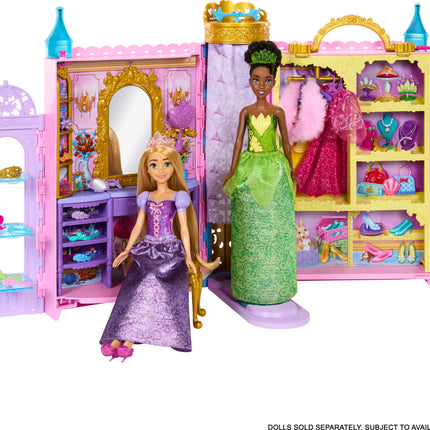 Mattel Disney Princess Closet Playset with 2 Fashions, 25 Accessories, Vanity, Dressing Room, Runway & Storage, Opens to 2 Feet, Movie-Inspired, HXC20, Gift Set Ready for the Ball