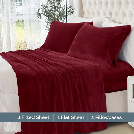 Elegant Comfort Luxuriously Soft 4-Piece Velvet Plush Flannel Sheet Set - Premium Quality - Cozy Warm, Anti-Static, Non Pilling Fuzzy Velvet Flannel Fleece Deep Pocket Sheet Set - King, Burgundy