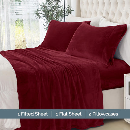 Elegant Comfort Luxuriously Soft 4-Piece Velvet Plush Flannel Sheet Set - Premium Quality - Cozy Warm, Anti-Static, Non Pilling Fuzzy Velvet Flannel Fleece Deep Pocket Sheet Set - King, Burgundy