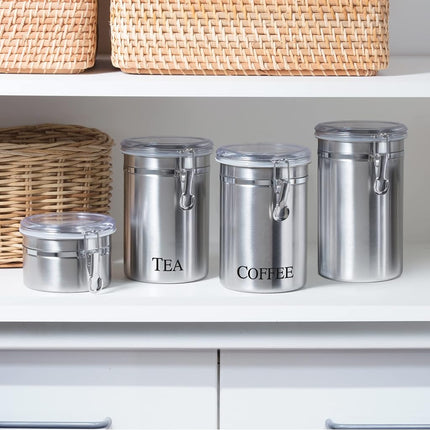 Oggi Stainless Steel Tea Canister 62 fl oz - Airtight Clamp Lid, Clear See-Thru Top - Ideal for Tea Bag Storage, Loose Tea Storage, Kitchen Storage, Pantry Storage. Large Size 5" x 7.5".