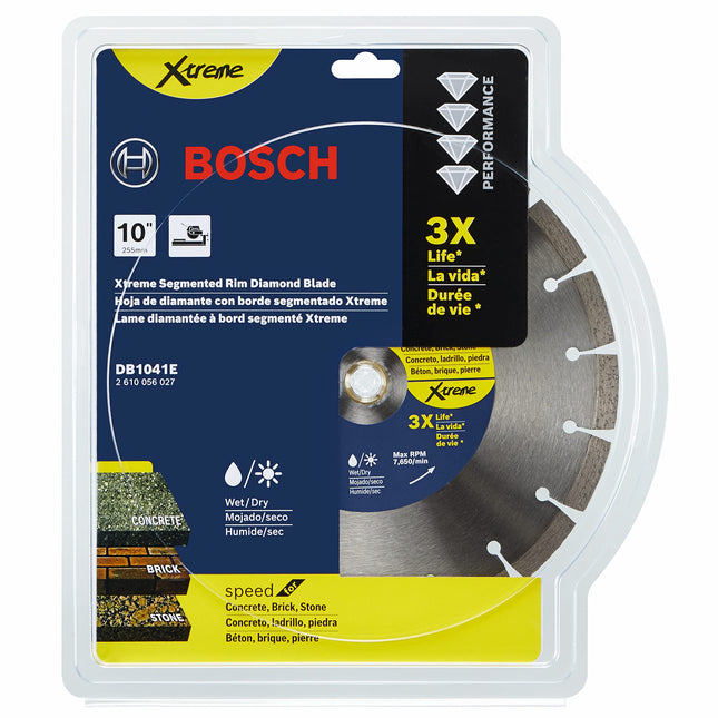 BOSCH DB1041E 10 In. Xtreme Segmented Rim Diamond Blade with 5/8 In., 7/8 In. Arbor for Fast Cut Wet/Dry Cutting Applications in Concrete, Brick, Stone