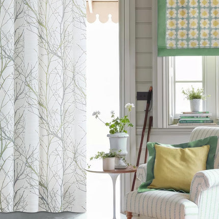 FMFUNCTEX Linen Semi Sheer Curtains for Bedroom, Sage Green White Curtains 72 Inches Long for Living Room, Grey Tree Branch PPrint Curtain Light Filtering Farmhouse Window Drapes, Grommet Top 2 Panels