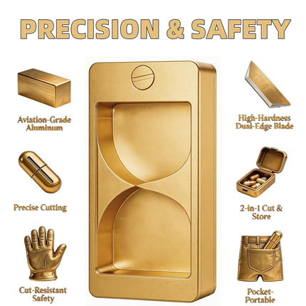 Professional Pill Cutter and Splitter - Precision Aluminum Slicer for Small Large and Tiny Tablets Best Cortador for Accurate Medicine and Vitamin Dosing Ideal Tablet Splitters for Pastillas (Gold)