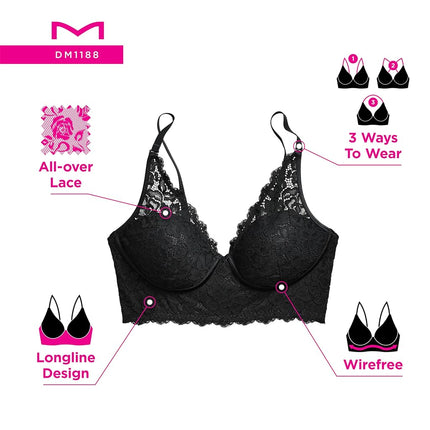 Maidenform Women's Pure Comfort Wireless Lace Longline Bralette, Lightly Lined Convertible Bra, Black Bloom Lace, 34B