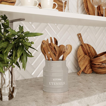 Barnyard Designs Ceramic Farmhouse Utensil Holder for Kitchen Counter, Large Rustic Utensil Crock, Countertop Cooking Tool Organizer, 6.75”, Taupe