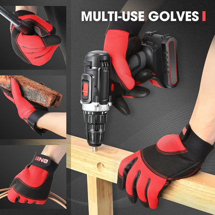 Guantes de mecánico utilitarios multipropósito de 2 pares DNA MOTORING, guantes de trabajo flexibles y transpirables de alto rendimiento con nudillos acolchados y palma, rojo/negro, TOOLS-00585