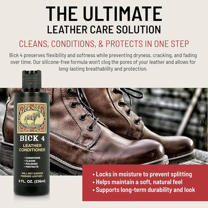 Bickmore Bick 4 Leather Conditioner 8 oz - Best Since 1882 - Cleaner & Conditioner - Restore Polish & Protect All Smooth Finished Leathers