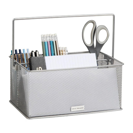 Mind Reader Network Collection, 4-Compartment Utensil or Supply Caddy with Handle, Countertop or Desktop Organizer, Metal Mesh, 10" L x 7" W x 4.75" H, Silver