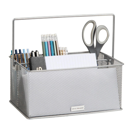 Mind Reader Network Collection, 4-Compartment Utensil or Supply Caddy with Handle, Countertop or Desktop Organizer, Metal Mesh, 10" L x 7" W x 4.75" H, Silver