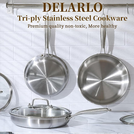 DELARLO Tri-Ply Stainless Steel Frying Pan,Compatible with All Cooktops Up to 500℉, Heavy Duty, Fast & Even Heat (12IN+Lid)