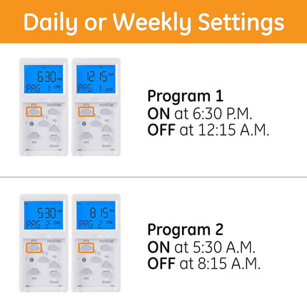 GE SunSmart In-Wall Digital Timer, Automates Indoor and Outdoor Lights, Daily/Weekly Settings, Sunset/Sunrise Presets, ON/OFF Push Button Door, Backlit LCD, White and Lt. Almond Door, 32787