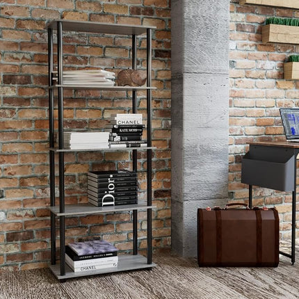 Furinno TURN-N-TUBE Storage Shelves, 5-Tier Book Shelf, Corner Shelf, Toolless Open Shelves, for Organization and Storage, Living Room, Garage, Home Office, French Oak