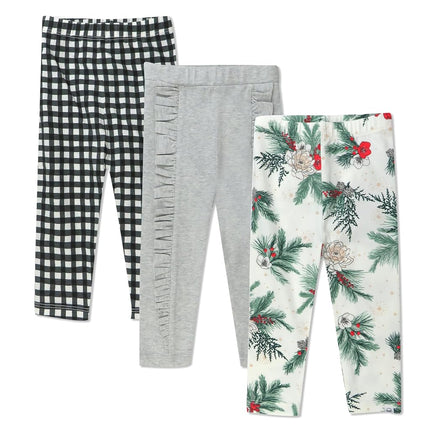 HonestBaby Multipack Leggings Skinny, Flare and Cargo Pants Organic Cotton for Infant Baby Girls, Toddlers, Little Kids, Emerald Floral, 18 Months