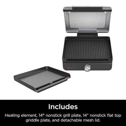 Ninja GR101 Sizzle Smokeless Indoor Grill & Griddle, 14'' Interchangeable Nonstick Plates, Dishwasher-Safe Removable Mesh Lid, 500F Max Heat, Even Edge-to-Edge Cooking, Grey/Silver