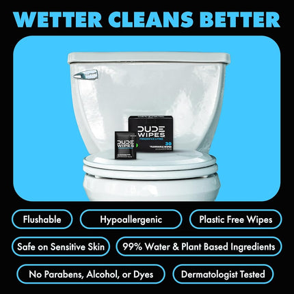 DUDE Wipes Flushable Wet Wipes 30 Wipes, Individually Wrapped for Travel, Unscented Wet Wipes with Vitamin-E & Aloe, Septic and Sewer Safe