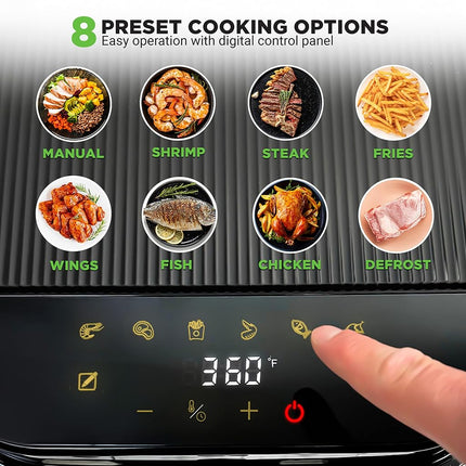 Nutrichef 5.5L Air Fryer with Transparent Glass Basket & Visible Cooking Window, 8 in 1 Preset Cook Modes, Precise Temperature Control & Timer, Easy Clean Dishwasher Safe, White