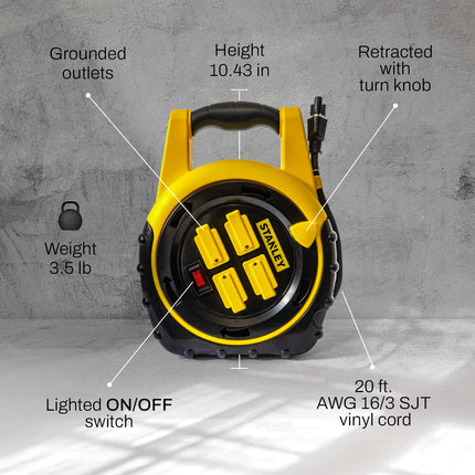 Stanley 33959 ShopMax Power Hub Carrete de cable de 20 pies y 4 enchufes de Stanley