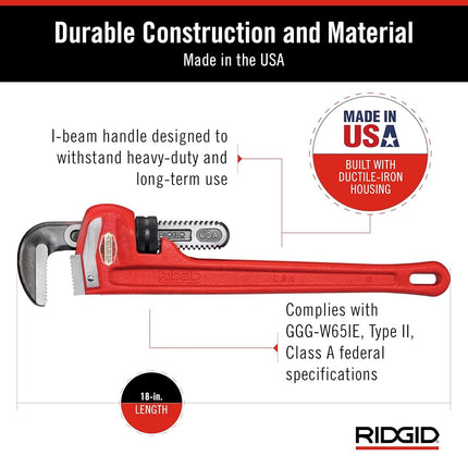 RIDGID 31025 Heavy-Duty Straight Pipe Wrench Plumbing Wrench,Red, 18-inch