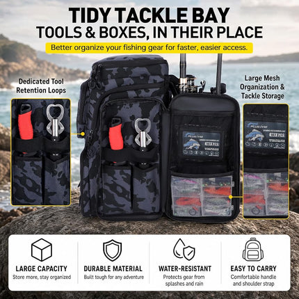 PLUSINNO Fishing Backpack with Rod Holders, 42L Large Water-resistant Fishing Tackle Bag for Fishing, Camping, Hiking, Gifts for Men, Black Camo