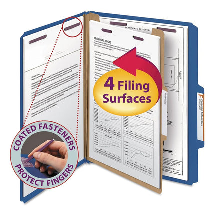 Smead Pressboard Classification File Folder with SafeSHIELD® Fasteners, 1 Divider, 2" Expansion, Letter Size, Dark Blue, 10 per Box (13732)