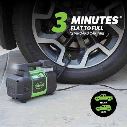 Slime 40063 Tire Inflator, Portable Car, SUV, 4x4 Air Compressor, Elite Heavy Duty, Inflate Right Automatic Shut Off, with Digital 99 psi Display, Long Hose and LED Light, 12V, 3 min Inflation