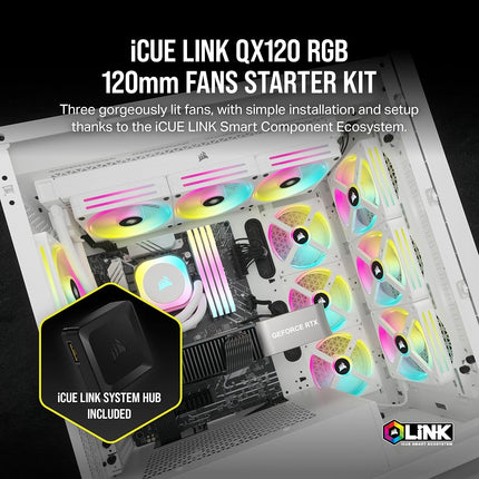 Corsair iCUE LINK QX120 RGB 120mm Magnetic Dome RGB Fans - Triple Fan Starter Kit with iCUE LINK System Hub - White