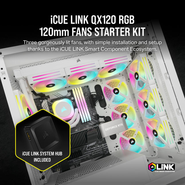 Ventilateurs RGB Corsair iCUE LINK QX120 RGB 120mm à dôme magnétique - Kit de démarrage triple ventilateur avec concentrateur système iCUE LINK - Blanc