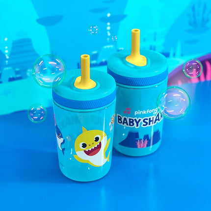 Zak Designs Baby Shark Kelso 15oz Leak-Proof Toddler Straw Cups, 2-Pack