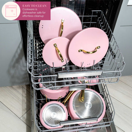 Paris Hilton Iconic Nonstick Pots and Pans Set, Multi-Layer Nonstick Coating, Matching Lids with Gold Handles, Made Without PFOA, Dishwasher Safe Cookware Set, 10-Piece, Pink