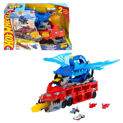 Hot Wheels City Ultimate Dual Dragon Transporter & 2 Die-Cast Cars