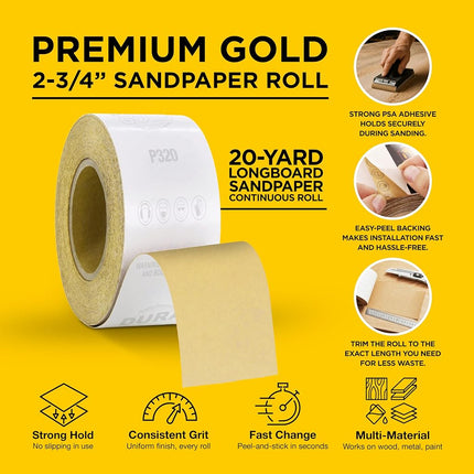 Dura-Gold - Premium - 240 Grit Gold - Longboard Continuous Roll 20 Yards Long by 2-3/4" Wide PSA Self Adhesive Stickyback Longboard Sandpaper for Automotive and Woodworking