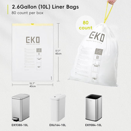 EKO Easy-Dispense Roll 80 Count Extra-Strong Drawstring Small Trash Bag, 2.6 Gallon Trash Bag (7-10L) 1 Pack White, Code B