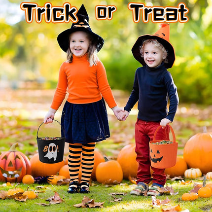 Halloween Bucket Halloween Basket for Kids, Trick or Treat Bags with Embroidery Foldable Halloween Candy Bucket Pumpkin Bucket Basket with Handle for Halloween Party Decorations, (Orange)
