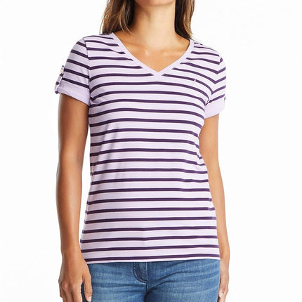 Camiseta de algodón elástico supersuave con cuello en V y rayas de Nautica para mujer, morado, extrapequeña