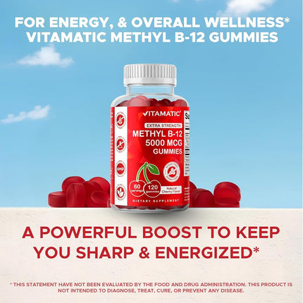 Vitamatic Extra Strength Vitamin B12 5000 mcg (Methyl B12) Gummies - 120 Count - Natural Cherry Flavored