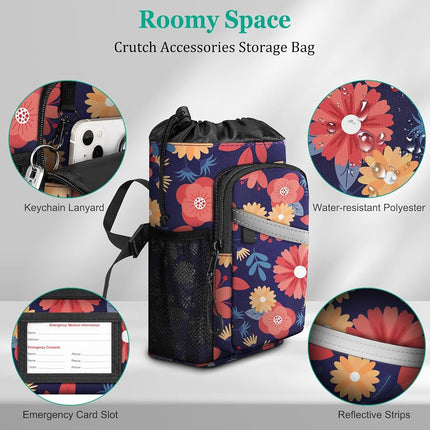 FINPAC Crutch Accessories Bag, Water-Resistant Storage Organizer Tote Bag with Drink Holder and Zipper Pouch for Crutches, Underarm Crutches Attachment, Daisy