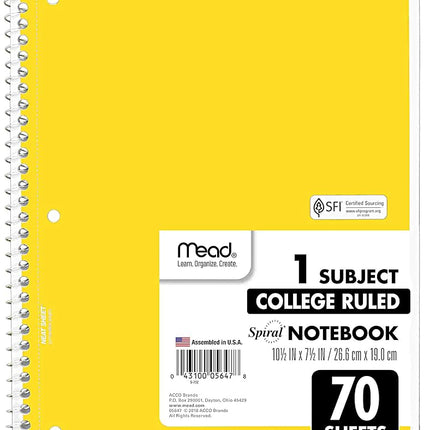 Mead Spiral Notebooks, 6 Pack, 1-Subject, College Ruled Paper, 10-1/2" x 8”, 70 Sheets per Notebook, Assorted Colors (73065)…