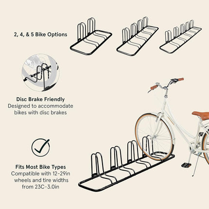 Retrospec Stash Rack Soporte de suelo para 2, 4 y 5 bicicletas, organizador de almacenamiento para bicicletas de montaña, de carretera, revestimiento de acero en polvo fino resistente a la intemperie, se adapta a ruedas de hasta 3", negro, 4 bicicletas