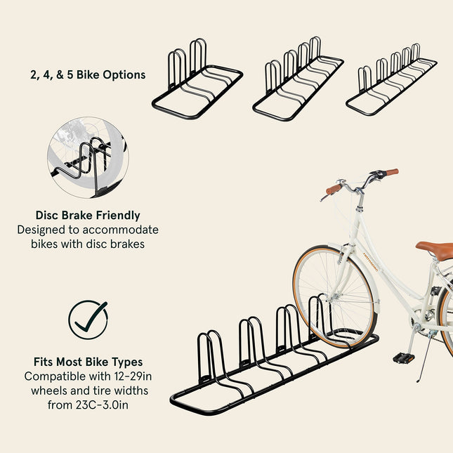 Retrospec Stash Rack 2, 4 & 5 Bike Floor Stand Bicycle Storage Organizer for Mountain Bike, Road Bike, Weather Resistant Fine Powder Steel Coating Fits Wheels up to 3", Black, 4 Bike