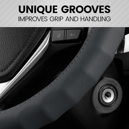 BDK Genuine Gray Leather Steering Wheel Cover for Car, Large 15.5-16 inch – Ergonomic Comfort Grip for Men & Women, Car Steering Wheel Cover for Vehicles with Large Steering Wheels