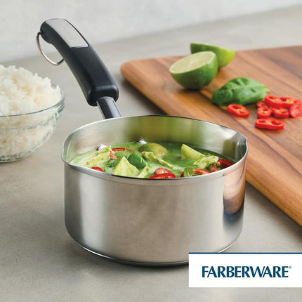Farberware Brilliance Casserole en acier inoxydable avec becs verseurs latéraux pour verser facilement, compatible lave-vaisselle et induction, 0,9 litre, acier inoxydable