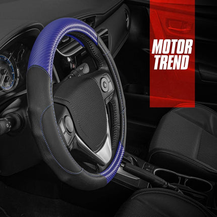 BDK GripDrive Blue Carbon Fiber Steering Wheel Cover, Standard 15 inch Size, Black Faux Leather Comfort Grip, Car Steering Wheel Cover for Auto Truck Van SUV