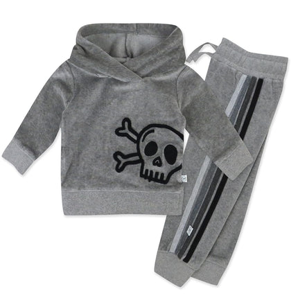 HonestBaby Sudadera con capucha de terciopelo, sudadera con cremallera frontal y conjunto de pantalones deportivos para bebé, niño, niña, unisex, rayas de calaveras gris jaspeado, 6-9 meses, rayas de calaveras gris jaspeado, 6-9 meses